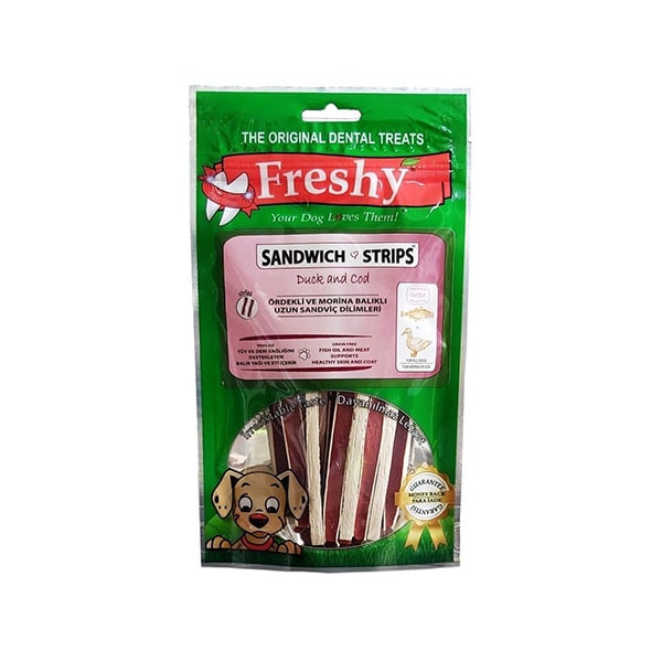 تشویقی دنتال سگ ساندویچ اردک و ماهی کاد فرشی Freshy Sandwich Strips Duck and Cod